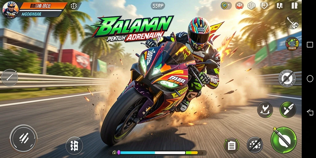 Tampilan gameplay seru dari 55RP dengan balapan motor yang mendebarkan.