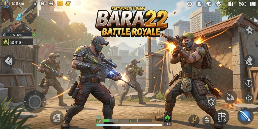 Tangkapan layar utama BARA22 menampilkan aksi intens di arena Battle Royale.