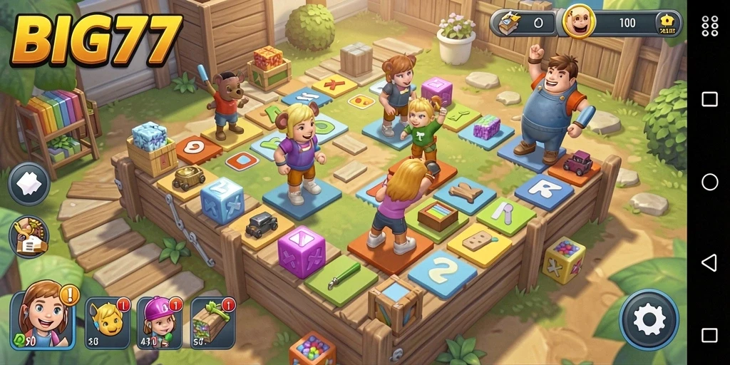 Screenshot utama memperlihatkan gameplay seru dalam BIG77 dengan berbagai puzzle menarik.