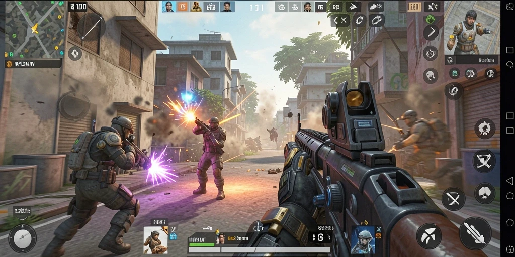 Screenshot menunjukkan momen intens dalam gameplay FPS RPIDWIN.