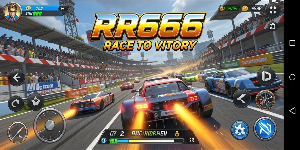 Tampilan gameplay balap mendebarkan di RR666 dengan mobil yang beraksi.