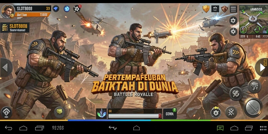 Tangkapan layar menampilkan aksi intens permainan <strong>SLOT8808</strong> dalam pertempuran Battle Royale.